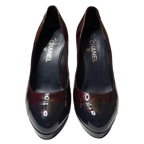 Chanel Black & Burgundy Patent Leather Platform Pumps – Size 39.5 EU / 9.5 US - Picture 2 of 7
